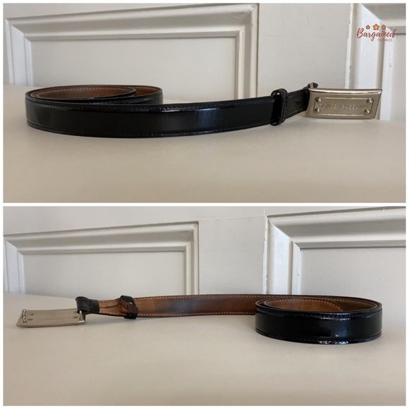 Authentic Dolce & Gabbana Black Patent Leather Belt Silver Buckle Logo Size 34